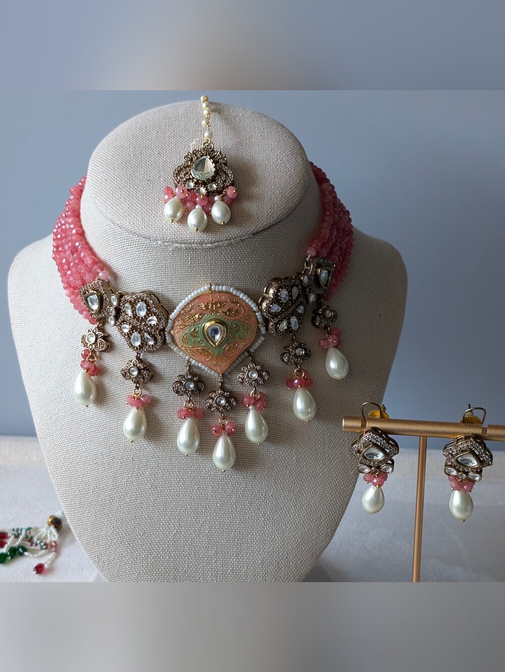 Pink Bead and Pearl Statement Necklace Set